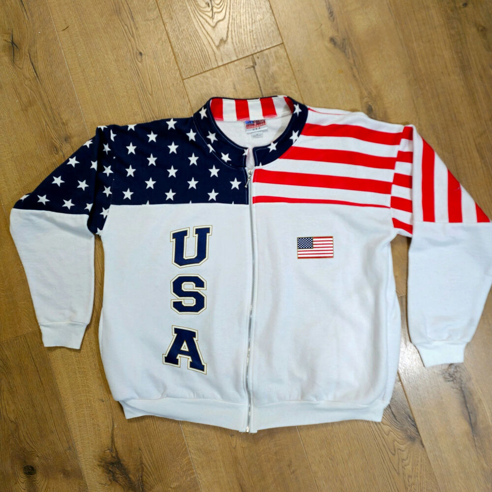 Vtg 80s 90s Cotton USA Stars Stripes Flag Oversized Full  Zip Jacket XL EUC